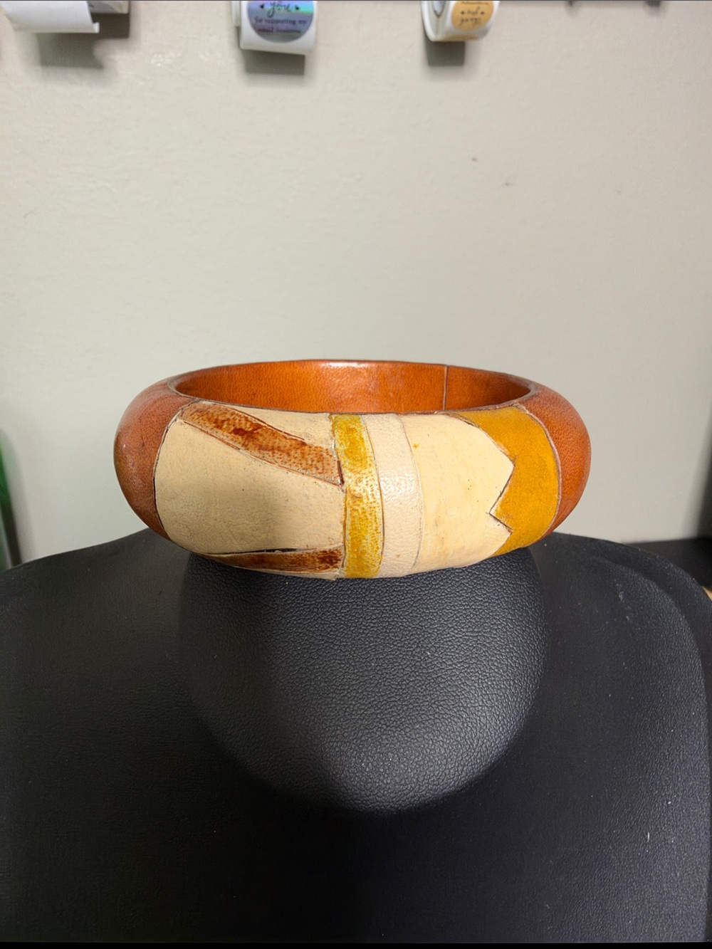 Handcrafted Vintage Boho Chunky Leather Colorblock Bangle Bracelet Tan Yellow